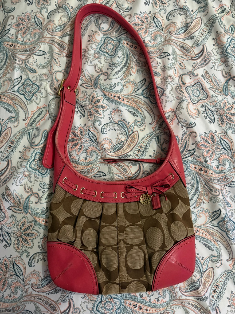 Coach Brown Signature Canvas Hobo with Pink Leather Trim